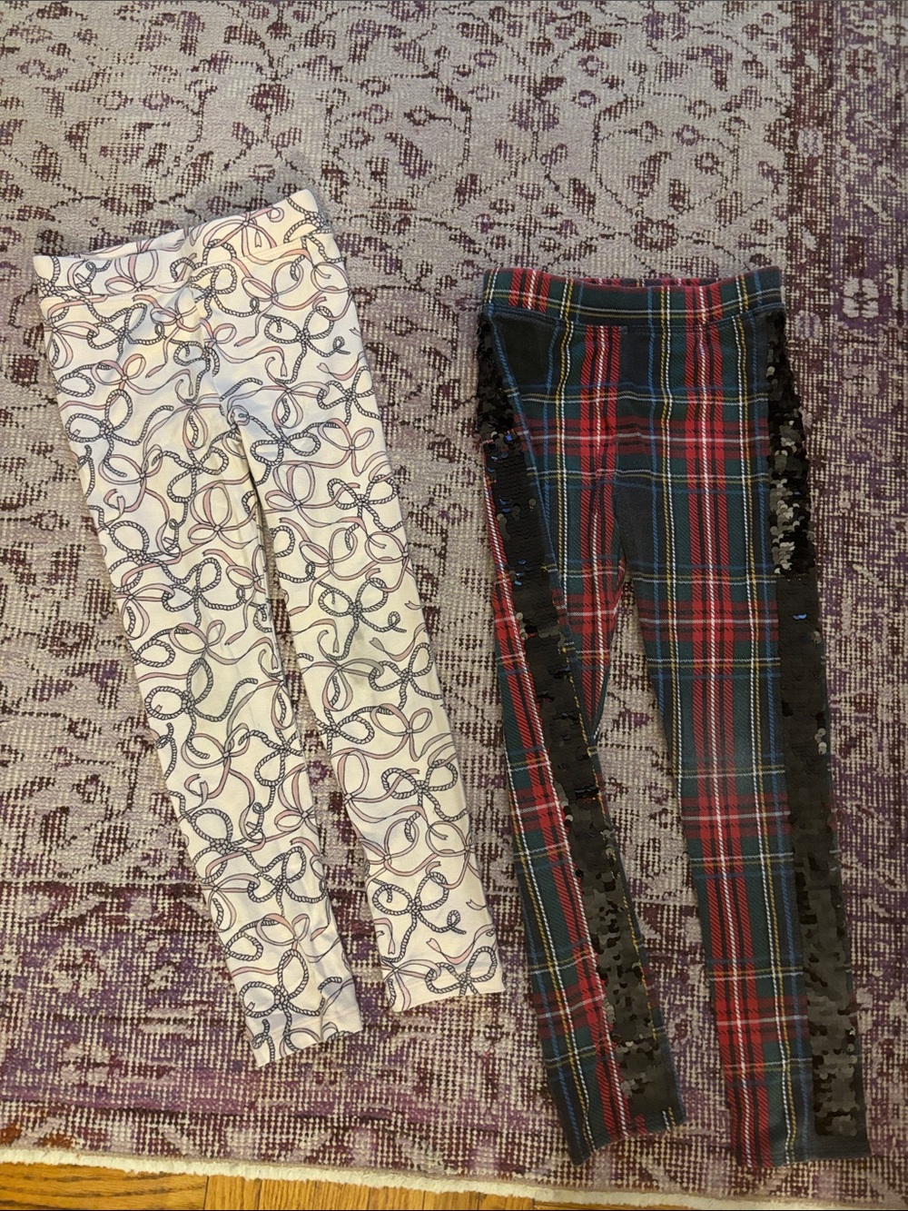 Crewcuts Plaid Leggings with Black Sequin Side Panels and pink bow leggings